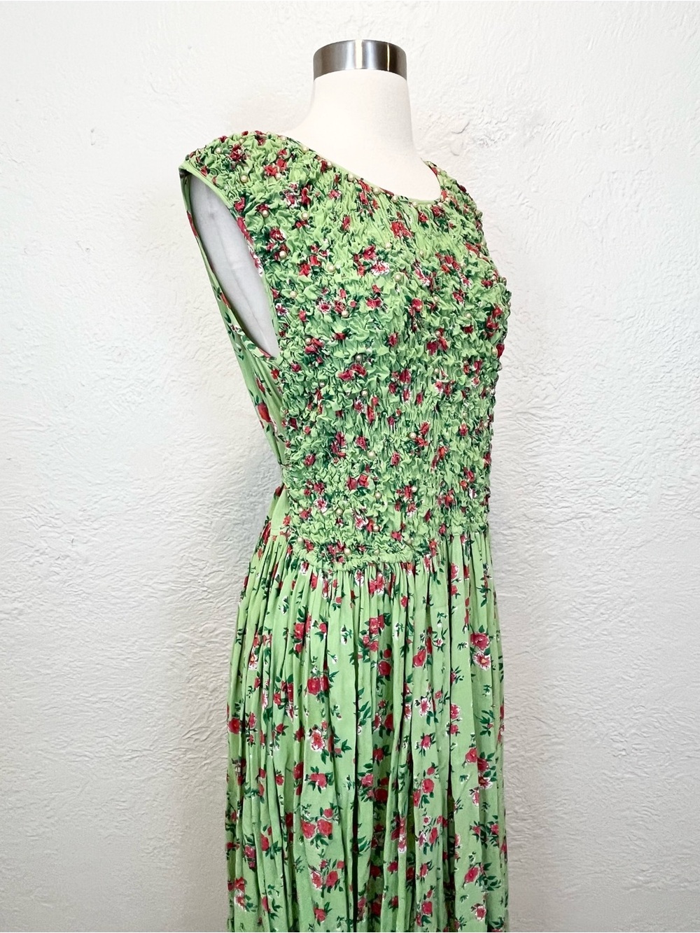 Vintage 90s Y2K Dress Green Pink Floral Beaded Smocked Cottagecore Boho Retro M - Picture 5 of 13